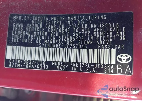 2018 Toyota Corolla Se из США, поврежденный, VIN 5YFBURHE1JP757045